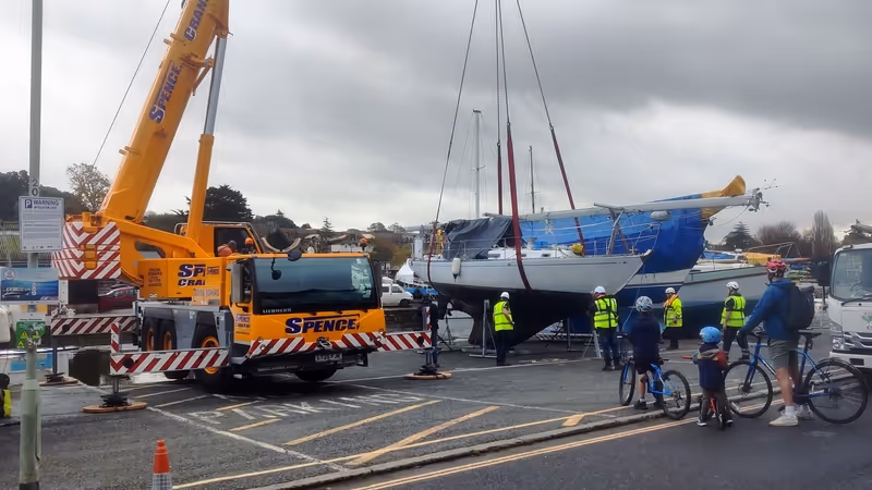 Yacht after being craned out at Exeter Ship Canal head