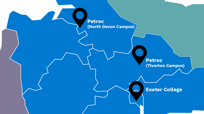 Exeter College and Petroc campuses map