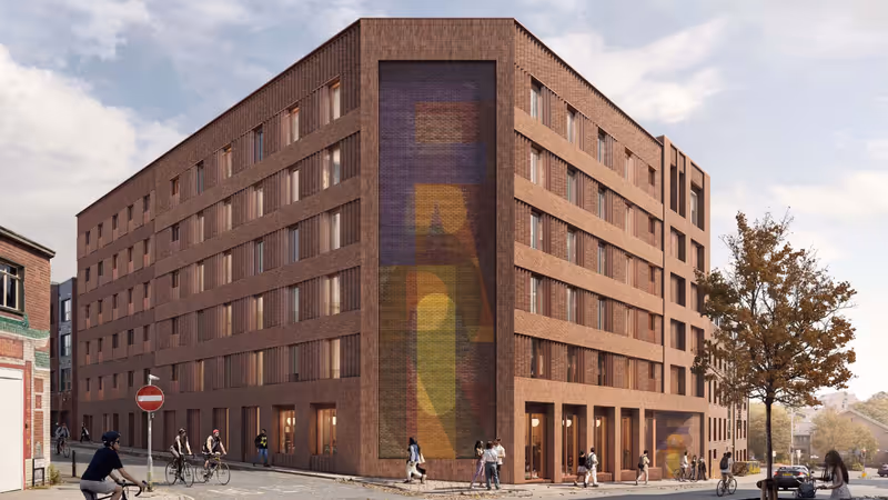 Illustrative view of proposed student block entrance at junction of Verney Street and Summerland Street