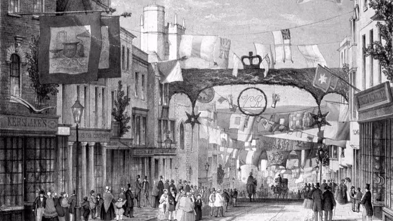 Exeter street scene with flags