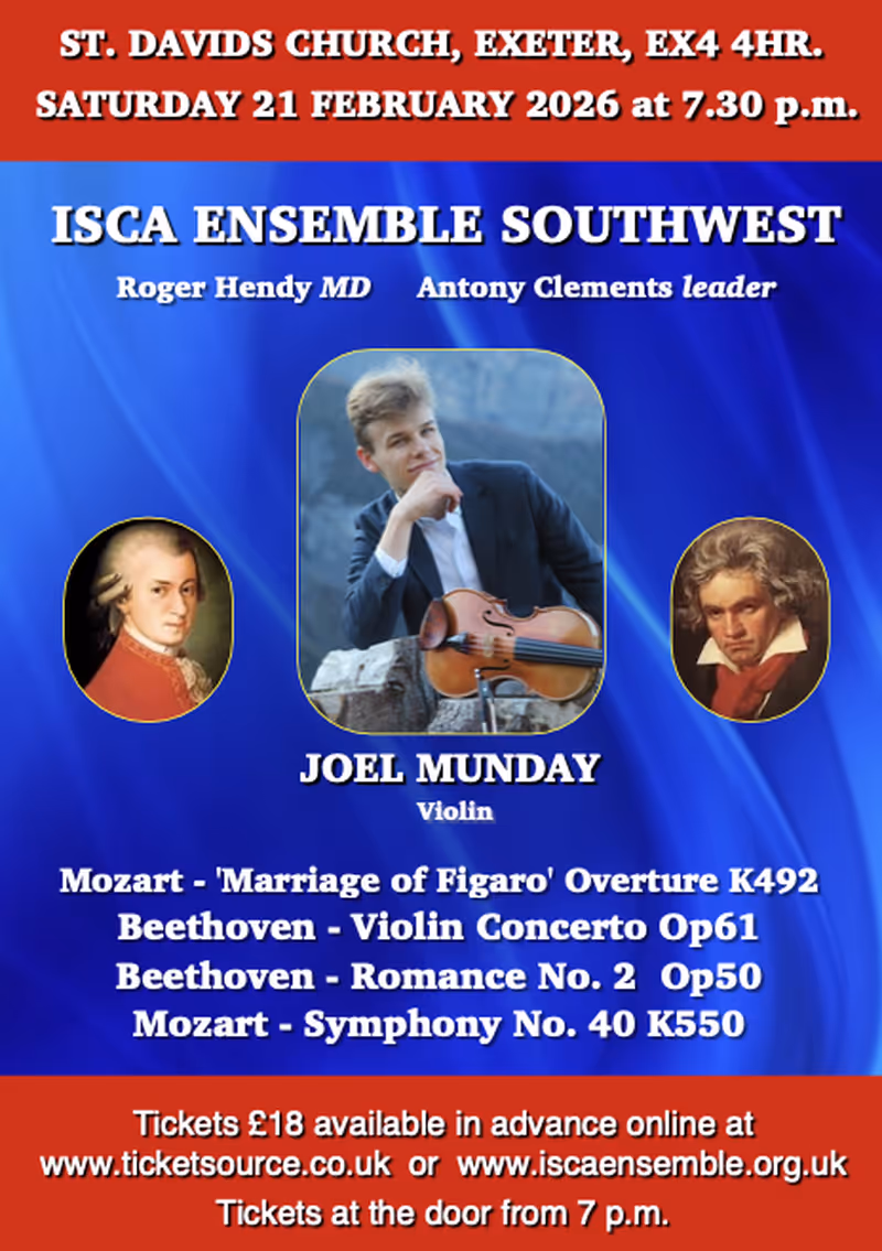 Isca Ensemble chamber concert with Joel Munday on 21 February 2026 at St David's Church, Exeter