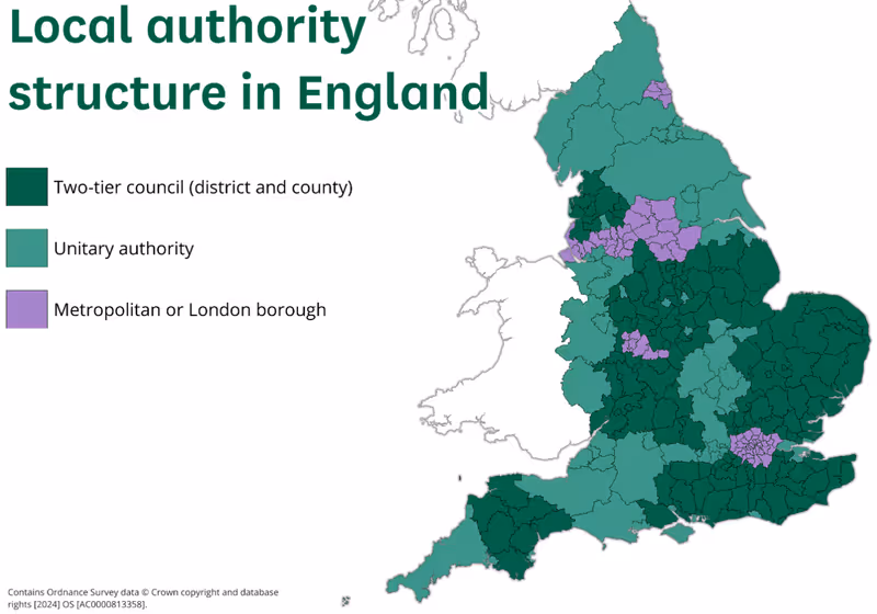 Local authority structure in England, December 2024 map