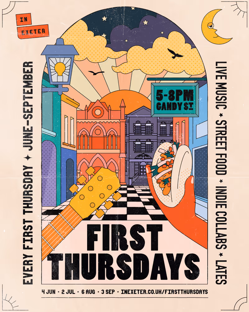 InExeter First Thursdays poster 4 June, 2 July, 6 August and 3 September 2026 in Exeter city centre