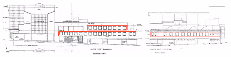 Exeter Corn Exchange elevations with replacement window hoardings